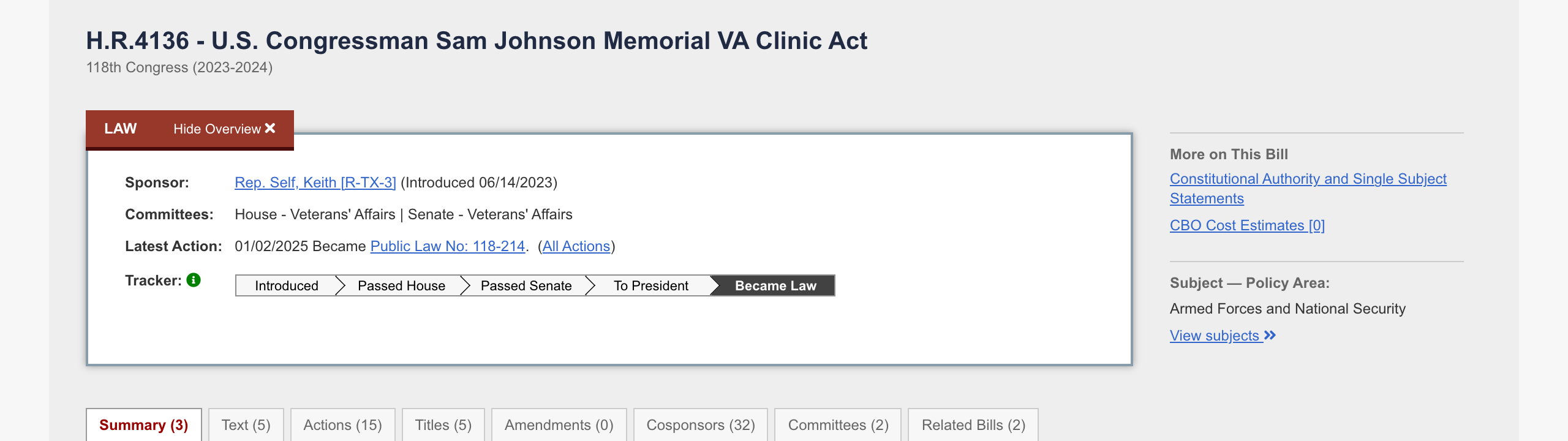 Screenshot of Congress.gov for H.R. 4136, sponsor Rep. Self, latest action Became Public Law 118-214