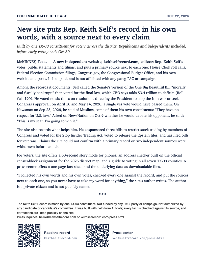 Preview of the press release, with QR codes to the site and the press center