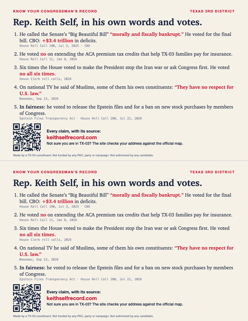 Preview of the half-page handout: five facts from Keith Self’s record with sources, and a QR code
