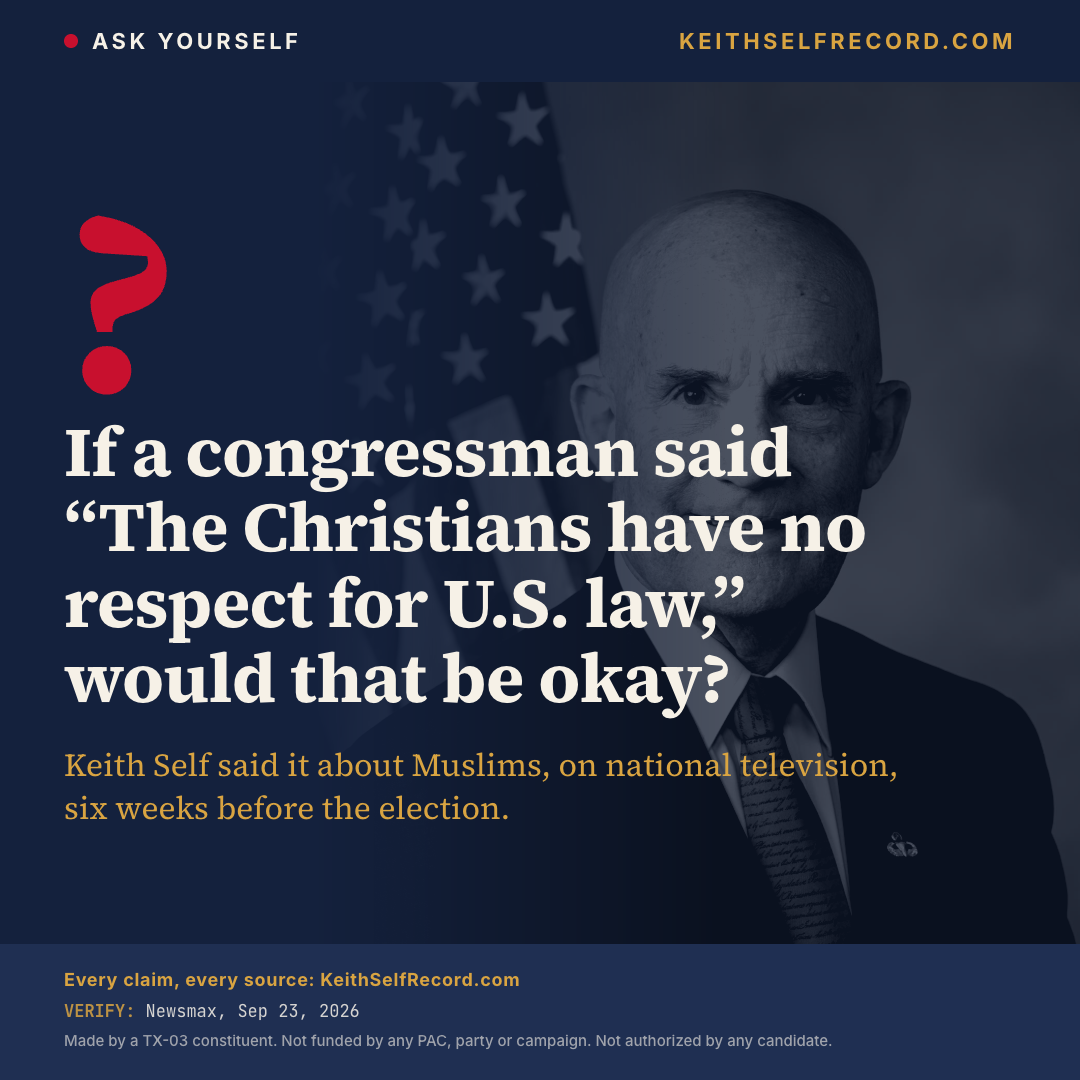 Question card: If a congressman said “The Christians have no respect for U.S. law,” would that be okay?